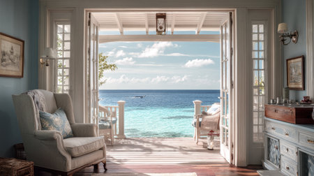 Experience the perfect blend of indoor comfort and breathtaking outdoor scenery with this serene coastal view, ideal for relaxation and peaceful moments.の素材