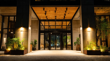 A stunning architectural entrance at night featuring warm lighting and lush greenery creates an inviting atmosphere for guests entering a modern space.の素材