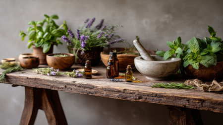 A serene display of natural herbal remedies featuring fresh plants, glass bottles, and rustic tools, conveying a sense of wellness and organic living.の素材