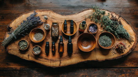 A calming arrangement of herbs and essential oils on a rustic wooden surface, perfect for enhancing wellness and promoting relaxation in a natural setting.の素材