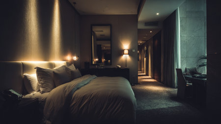 A cozy hotel room showcasing elegant decor, soft lighting, and a tranquil ambiance. Ideal for relaxation and comfort while traveling or on vacation.の素材