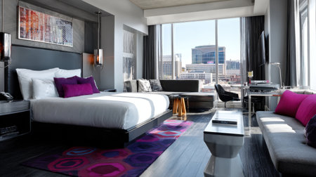 A stylish hotel room featuring large windows that offer a view of the city, designed with modern furniture and vibrant decor, perfect for both work and relaxation.の素材