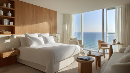 Experience ultimate comfort in a modern hotel room with stunning ocean views. Perfect for relaxation, featuring stylish decor and a cozy atmosphere for travelers.の素材