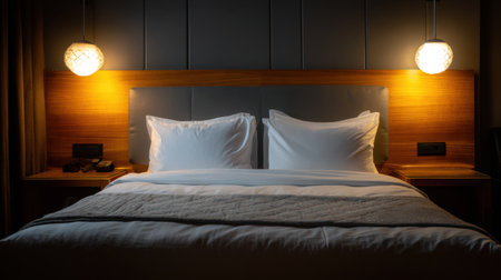 Experience the serene elegance of a modern hotel bedroom featuring sophisticated lighting, plush bedding, and a calming atmosphere perfect for relaxation.の素材