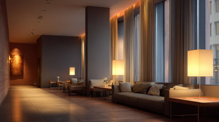 This modern hotel lobby features cozy seating, elegant lighting, and large windows that enhance the inviting atmosphere, perfect for relaxation and socializing.の素材
