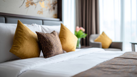 A beautifully arranged hotel room showcasing a stylish bed adorned with decorative pillows, inviting atmosphere, and a cozy seating area with natural light streaming in.の素材