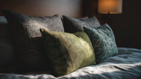 A serene arrangement of stylish decorative pillows on a soft bedspread highlights the cozy atmosphere of a modern bedroom, illuminated by natural light.の素材