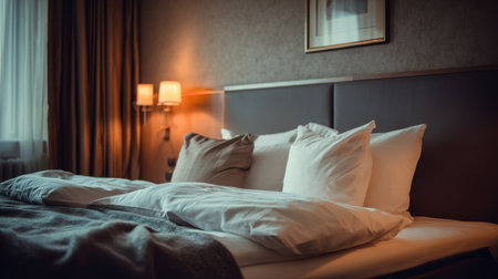 This image captures a cozy hotel room featuring soft pillows and warm lighting, creating an inviting atmosphere perfect for relaxation and comfort.の素材