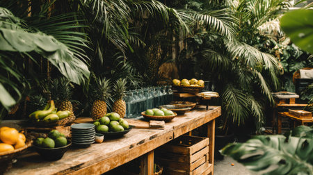 A captivating arrangement of fresh tropical fruits set against a lush green backdrop, perfect for culinary inspiration and showcasing vibrant summer flavors in an outdoor setting.の素材