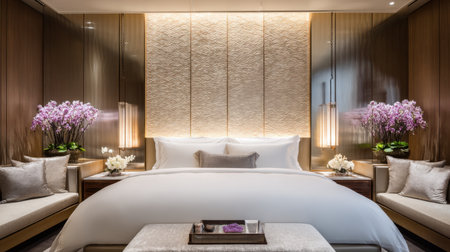 Experience the tranquility of this luxurious hotel bedroom featuring modern decor, soft lighting, and floral arrangements that create a serene atmosphere.の素材