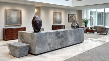 This image showcases a modern lobby featuring a sleek stone reception desk, contemporary artwork, and stylish seating, embodying elegance and professionalism in design.の素材