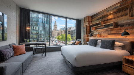 Discover a stylish hotel room featuring a spacious layout with a large window offering stunning city views, perfect for relaxation and comfort during your stay.の素材