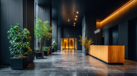 A stunning hotel lobby featuring a sleek wooden reception desk, vibrant greenery, and modern decor. This inviting space combines elegance and comfort for guests.の素材