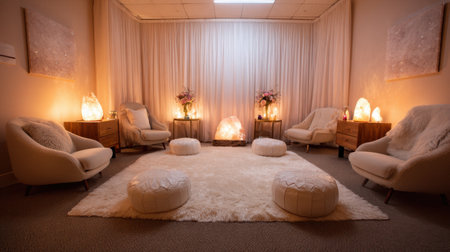 Experience peace in this beautifully designed meditation space featuring soft seating, ambient lighting, and decorative elements that promote mindfulness and relaxation.の素材