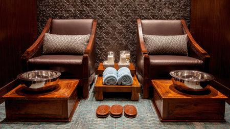 Experience ultimate relaxation in a luxurious spa setting featuring comfortable chairs, soft towels, and elegant decor, perfect for a serene wellness retreat.の素材