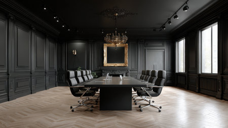 A sophisticated conference room featuring dark wood accents and modern furniture, designed for impactful business meetings with an elegant atmosphere and ample natural light.の素材