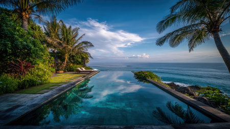 A stunning tropical landscape featuring an infinity pool that overlooks the ocean, surrounded by lush palm trees and under a clear blue sky, ideal for vacation escapes.の素材