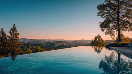 A breathtaking view of an infinity pool, reflecting the colorful sky at sunset while overlooking rolling hills and lush trees, creating a serene escape in nature.の素材
