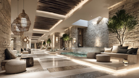 This image captures a luxurious spa interior featuring serene water elements, natural stone walls, and soft ambient lighting, ideal for relaxation and rejuvenation.の素材