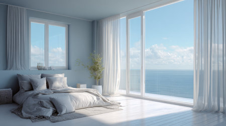 A serene modern bedroom featuring large windows, soft textiles, and a calming ocean view. The spacious design invites natural light, creating a perfect retreat for relaxation.の素材