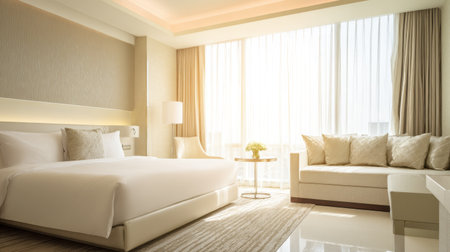 Experience the serene ambiance of a bright and spacious modern hotel room featuring luxurious decor, large windows, and elegant furnishings perfect for relaxation.の素材
