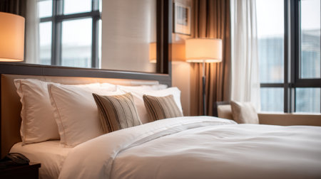Experience comfort and style in this modern hotel room featuring a cozy bed, soft lighting, and elegant decor, perfect for a restful getaway or business trip.の素材