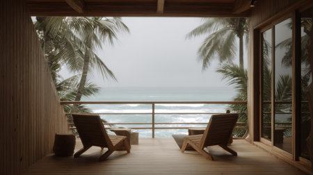 Experience a tranquil coastal retreat with wooden chairs overlooking calm ocean waves and lush palm trees, perfect for relaxation and rejuvenation in nature.の素材