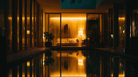 Experience tranquility in this modern indoor pool space, showcasing soft lighting and elegant design, perfect for relaxation and serene evenings at home.の素材