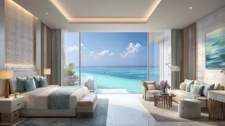Discover a stunning luxurious modern bedroom with breathtaking ocean views, designed for ultimate relaxation and comfort, ideal for seaside retreats and vacations.の素材