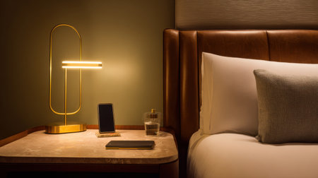 A cozy and elegant bedside scene featuring a stylish lamp, smartphone, and a glass of water, creating a serene atmosphere perfect for relaxation in any modern bedroom.の素材