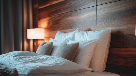 Discover a cozy modern bedroom featuring a warm wood accent wall, plush pillows, and soft textiles that create a tranquil space perfect for relaxation and restful sleep.の素材