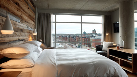Experience the soothing ambiance of this modern hotel room, featuring cozy bedding, wooden accents, and a stunning urban view through a large window.の素材