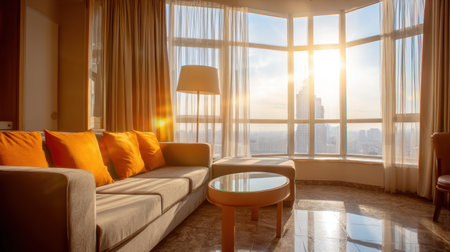 A cozy living room featuring a modern sofa with orange cushions, large windows that allow sunlight to fill the space, and an urban cityscape view on a bright day.の素材