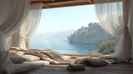 Experience a tranquil interior featuring cozy bedding and a breathtaking view of calm waters and hills, perfect for relaxation and peaceful retreats.の素材