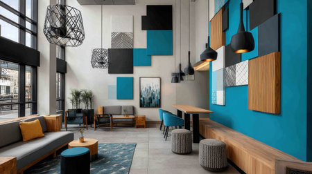A modern lounge area characterized by blue wall accents and contemporary furniture, creating a vibrant, inviting space perfect for relaxation and social gatherings.の素材