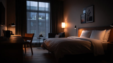 Explore a stylish hotel room designed for comfort and relaxation, featuring a cozy double bed, sleek furniture, and soft lighting creating a serene atmosphere.の素材
