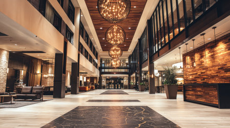 This modern hotel lobby features elegant chandeliers and marble floors, creating a stylish and welcoming atmosphere ideal for guests to relax and socialize.の素材