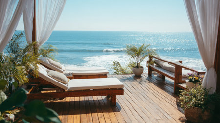 A peaceful wooden deck with cozy sun loungers overlooks a picturesque ocean view, offering a serene escape. Perfect for relaxation amid natureの素材