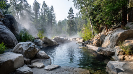 Enjoy the peacefulness of a natural hot spring nestled among majestic trees, granite rocks, and gentle mist. A perfect destination for relaxation and rejuvenation in nature.の素材