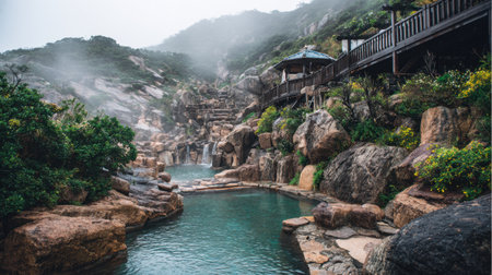 Discover a tranquil hot spring nestled among rocky terrain and lush foliage. The misty mountains create a serene backdrop, perfect for relaxation and rejuvenation.の素材