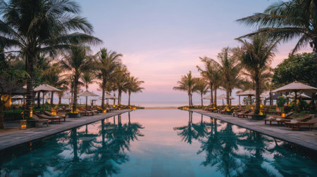 A stunning view of a serene resort pool at sunset, surrounded by palm trees and luxurious sun loungers, creates a peaceful atmosphere by the ocean shoreline.の素材