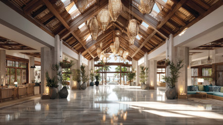 This luxurious lobby features modern design elements, abundant natural light, and stylish furnishings, creating an inviting atmosphere for guests in a serene resort setting.の素材