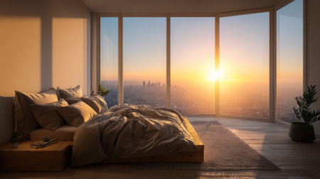 A stunning interior shot of a serene bedroom featuring modern decor, an inviting bed, and a breathtaking view of a city skyline illuminated by a warm sunrise.の素材