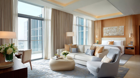 This hotel room showcases a blend of modern elegance and comfort. Abundant natural light floods the space, accentuating chic furniture and refreshing flowers.の素材