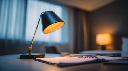This image captures a cozy workspace featuring a modern desk lamp and neatly arranged stationery on a wooden table, evoking warmth and inspiration in a hotel room setting.の素材