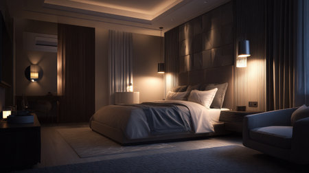 A tranquil modern bedroom scene featuring soft lighting, elegant decor, and a cozy atmosphere. Ideal for showcasing relaxation, comfort, and contemporary design.の素材