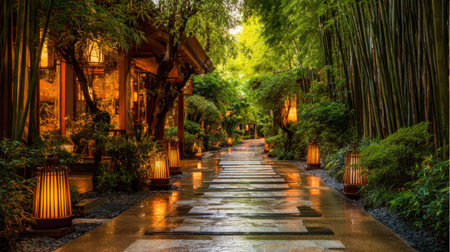 A tranquil bamboo pathway adorned with soft glowing lanterns invites you to explore a serene garden setting. The lush foliage reflects a calming ambiance after rain.の素材
