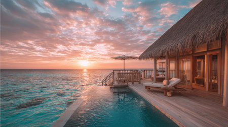 A stunning view of a luxury villa overlooking the ocean at sunset, featuring a tranquil pool and a vibrant sky. Ideal for showcasing tropical getaways.の素材