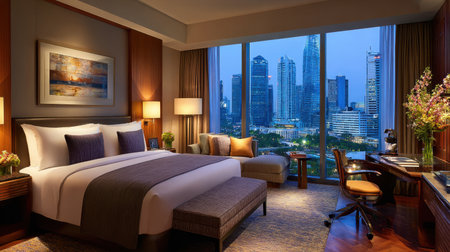 Experience the blend of luxury and comfort in this hotel room featuring a breathtaking city skyline view. The modern design creates a serene atmosphere for relaxation.の素材