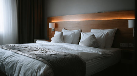 A serene hotel bedroom featuring a luxurious bed with soft pillows, elegant lighting, and warm tones, creating the perfect ambiance for relaxation and comfort.の素材